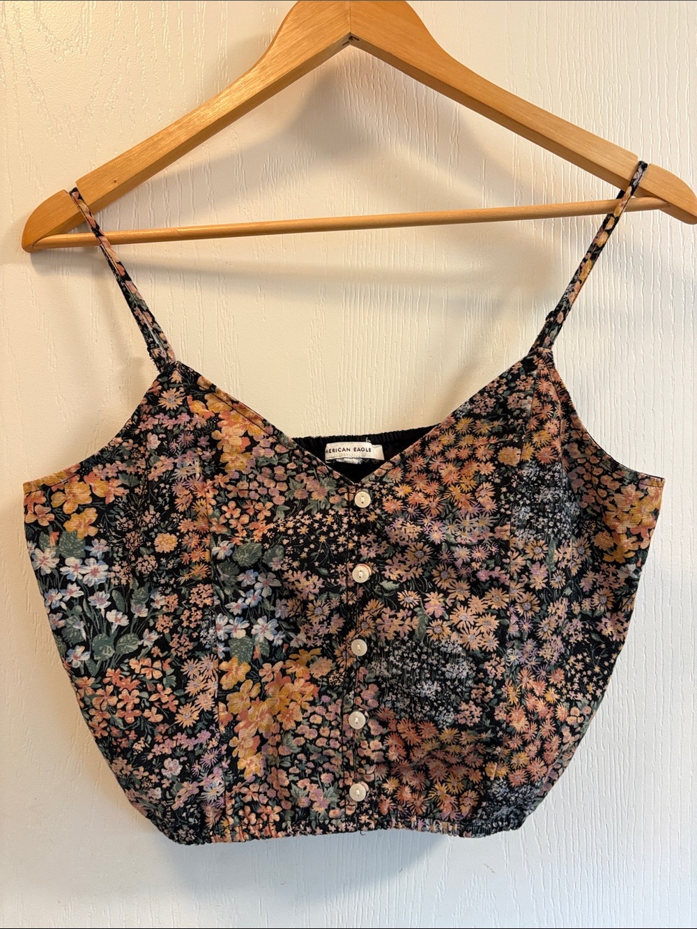 American Eagle Outfitters Black Floral Button-Front Crop Cami